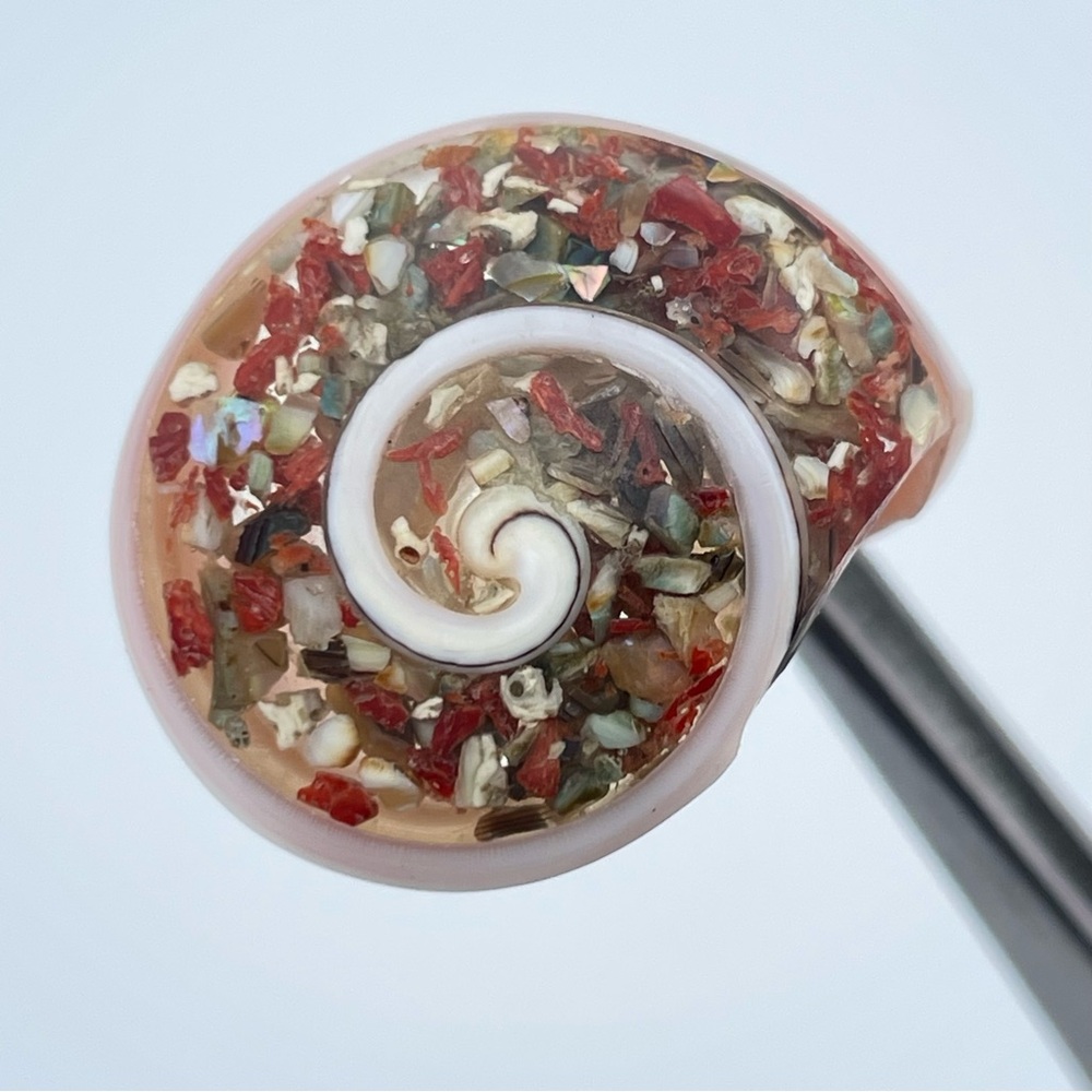 Unique Vintage Spiral Shell Ring Inlay Coral Abalone Mother of Pearl Size 5